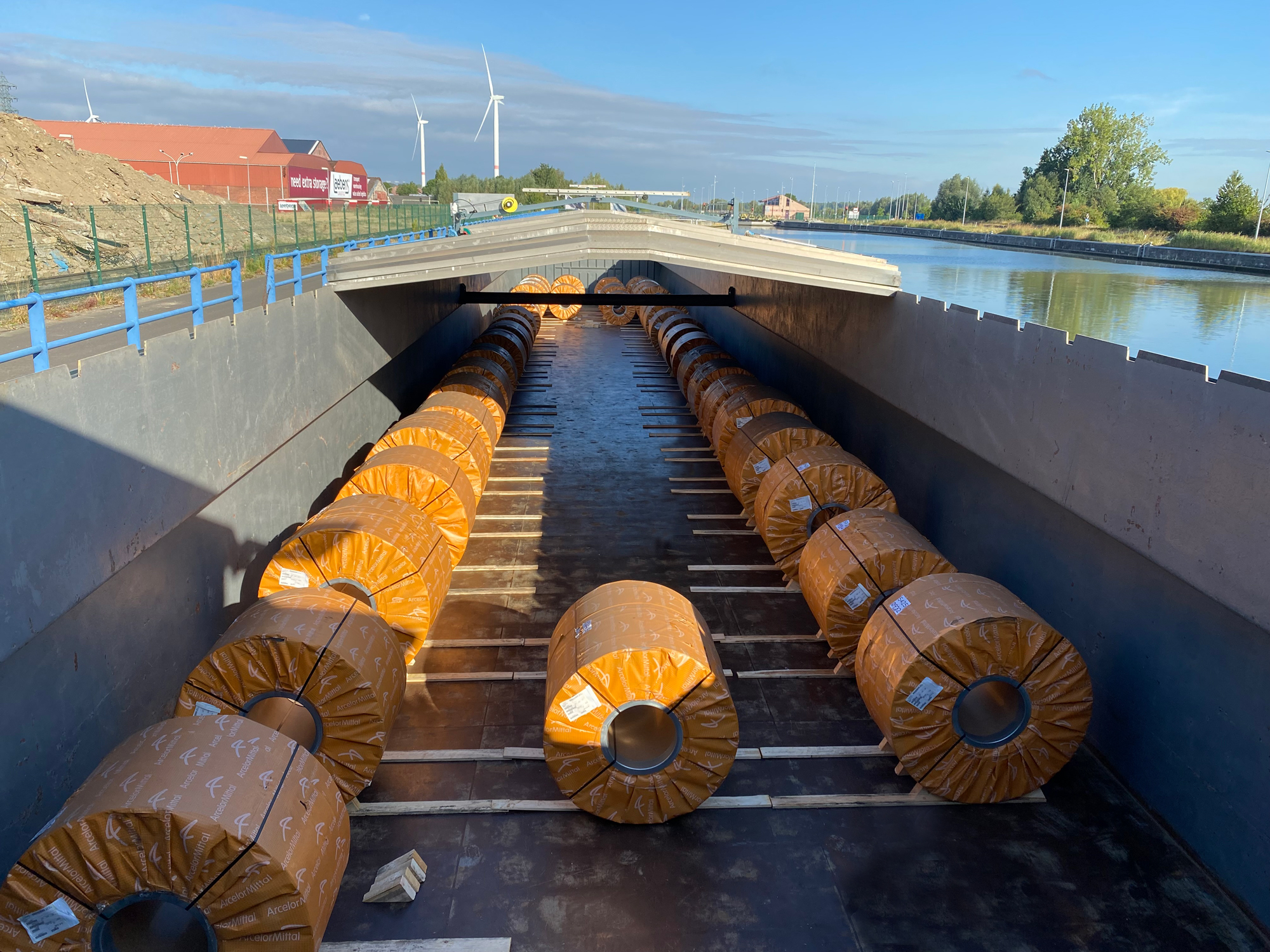 Metal coils transported on inland waterway shipment