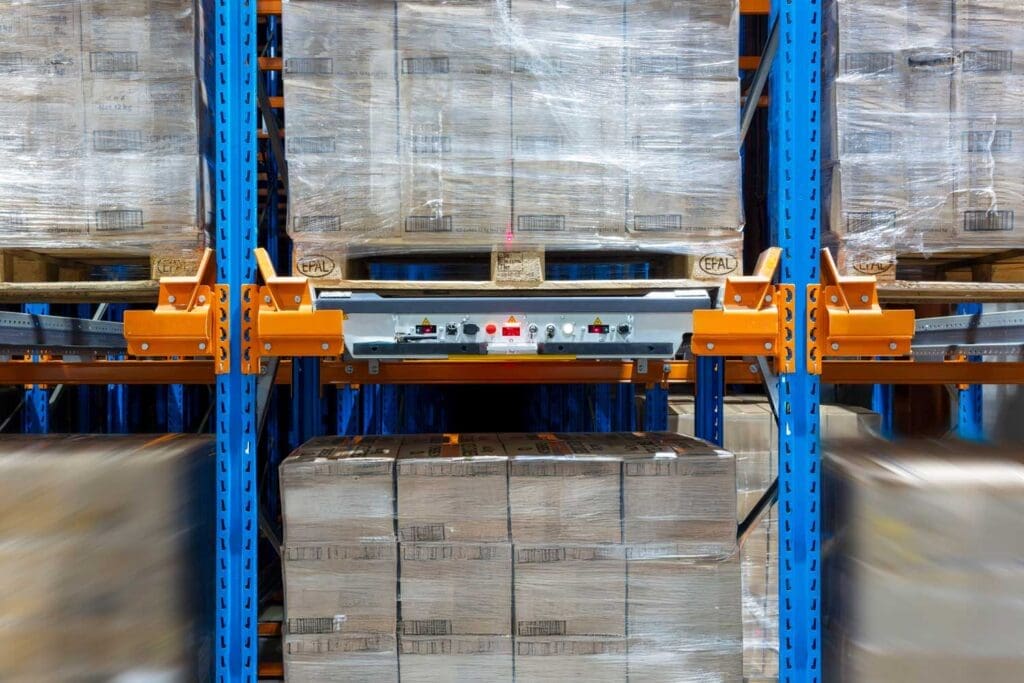 stow Atlas pallet shuttle carrying wrapped pallet with load